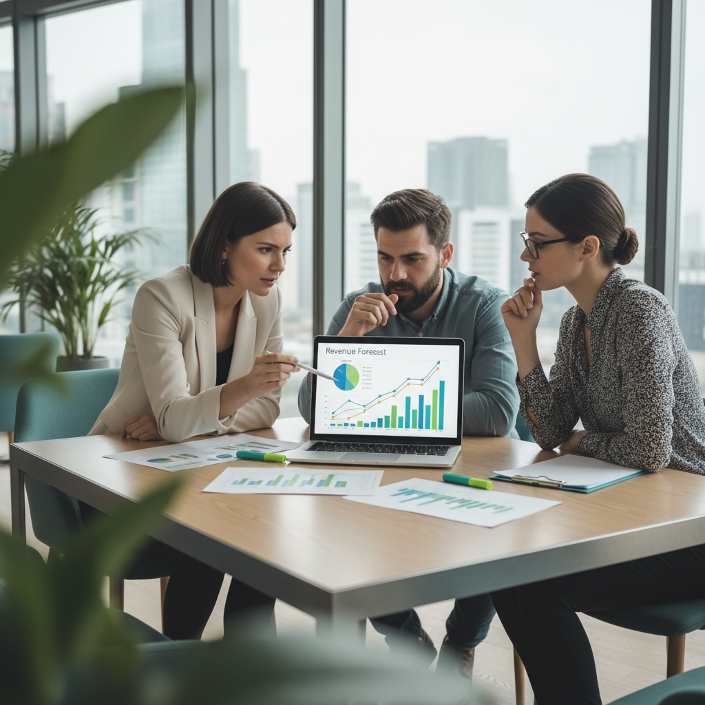 Marketing team reviewing revenue forecast charts together