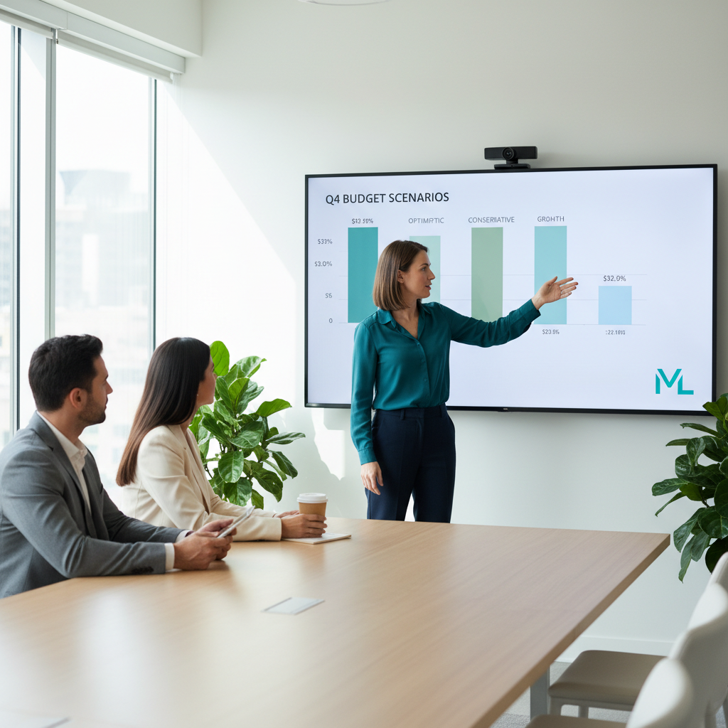 Marketing lead presenting budget scenarios to colleagues
