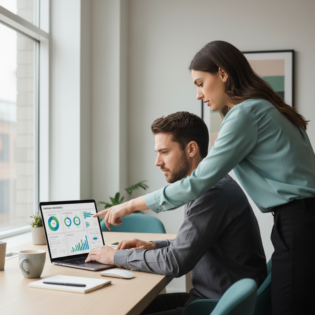 Analyst reviewing campaign analytics with a colleague